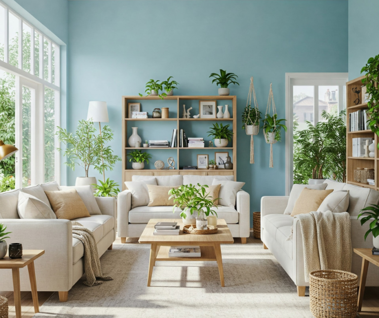 סלון מואר ומסודר עם חלונות גדולים וצמחייה ירוקה